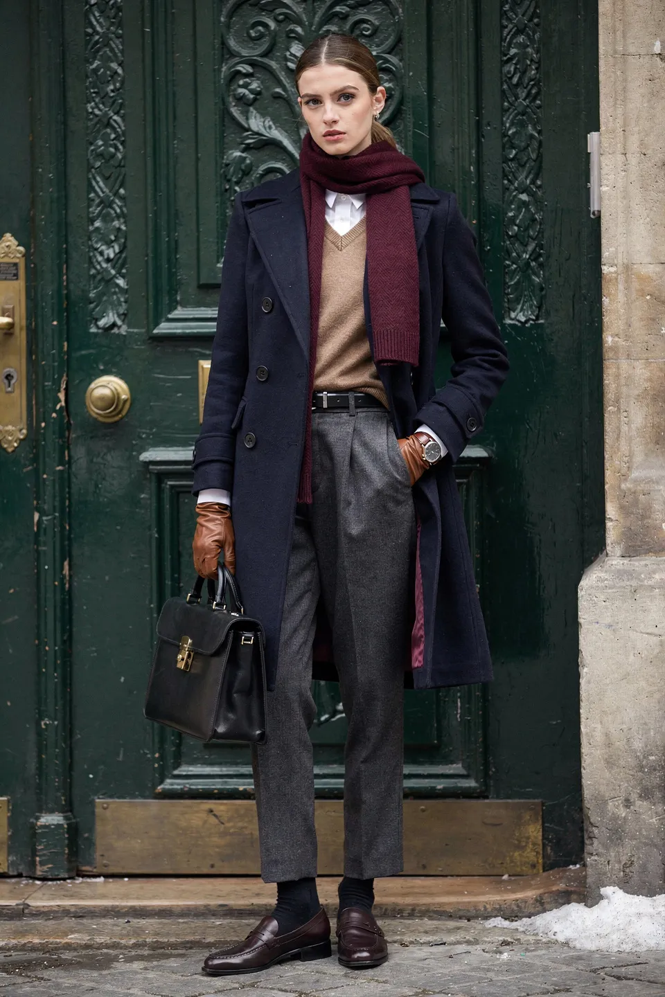 Navy Coat and Burgundy Scarf Look