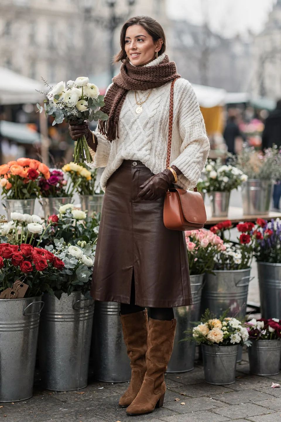 Cream Cable Knit Sweater with Brown Leather Skirt at the Flower Market Cream Cable Knit Sweater with Brown Leather Skirt at the Flower Market