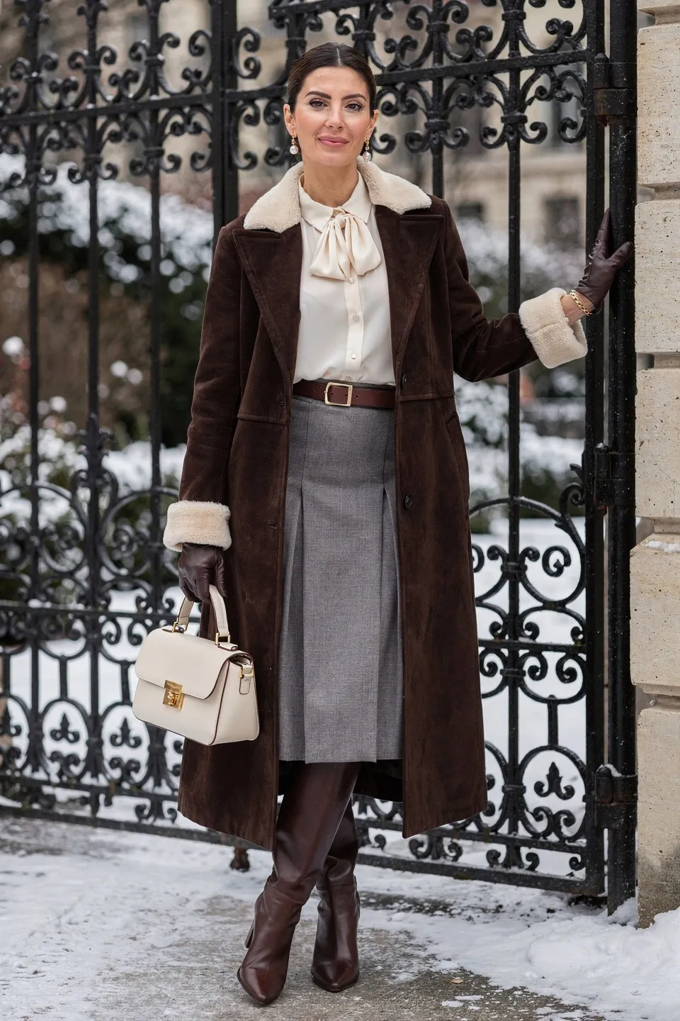 Shearling Trim Coat and Gray Midi Skirt Look