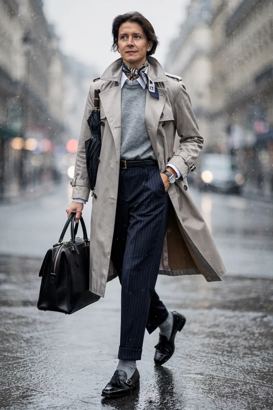 Trench Coat and Pinstripe Trousers Look