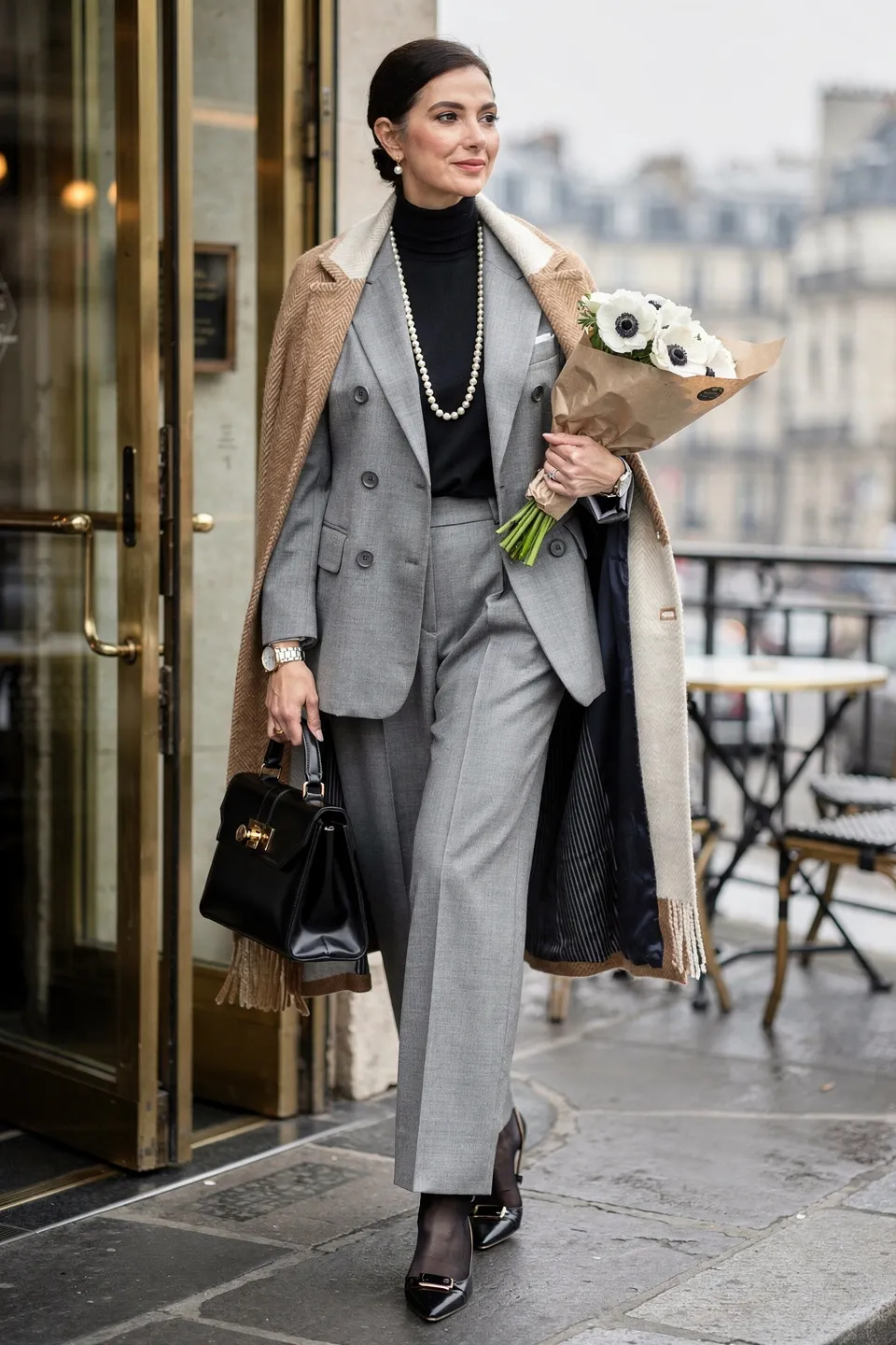 Gray Suit and Pearl Necklace Look