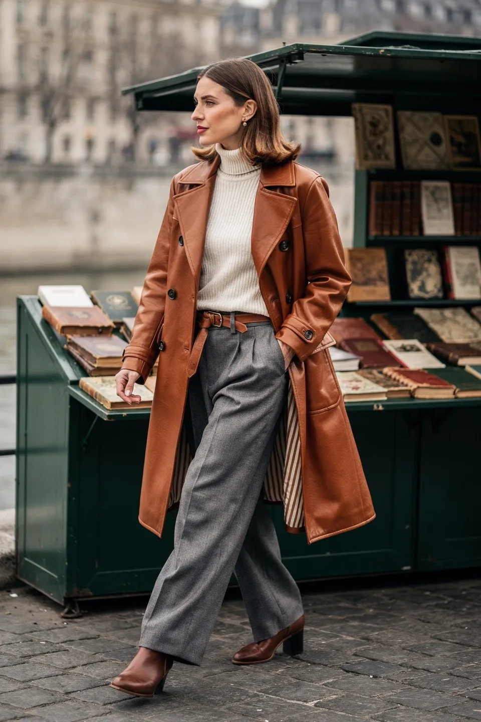 Leather Trench and Wide Leg Trousers Look