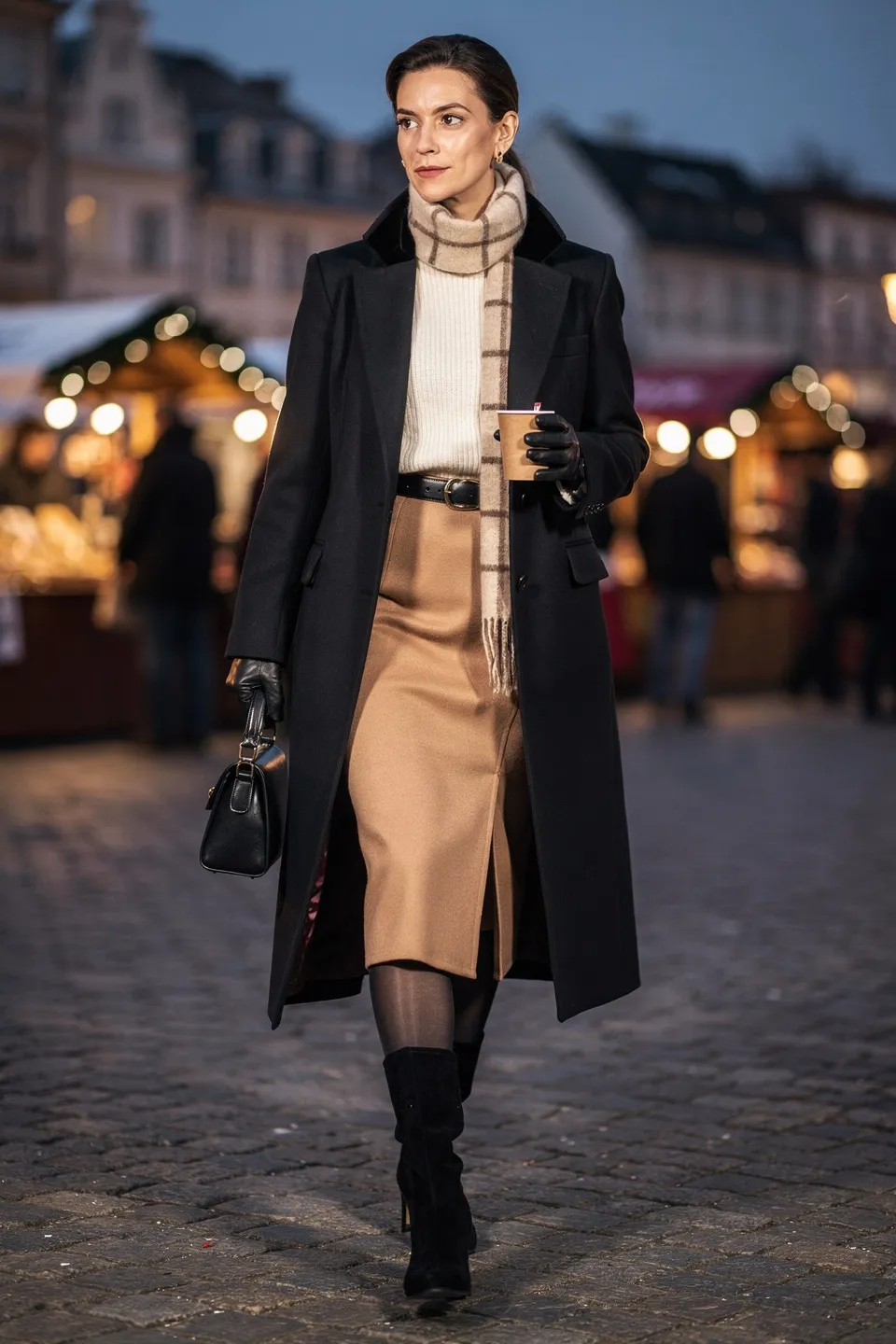 Black Coat and Camel Midi Skirt Look
