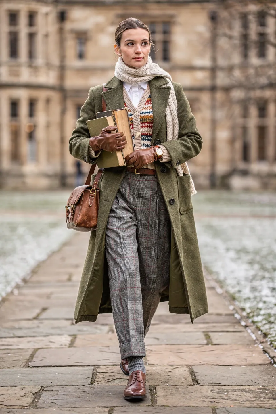 Olive Coat and Fair Isle Cardigan Look