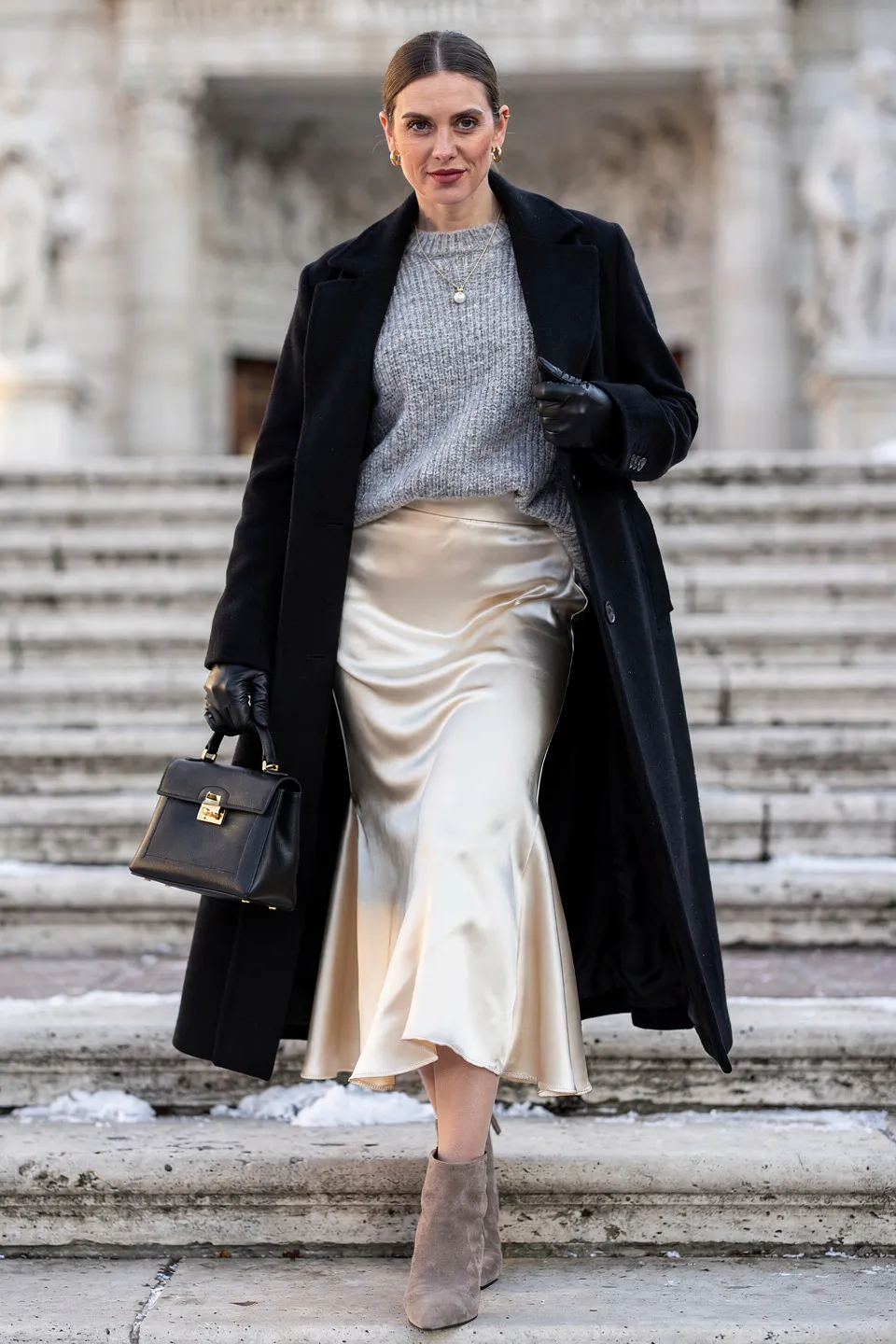 Champagne Satin Skirt and Black Coat Look