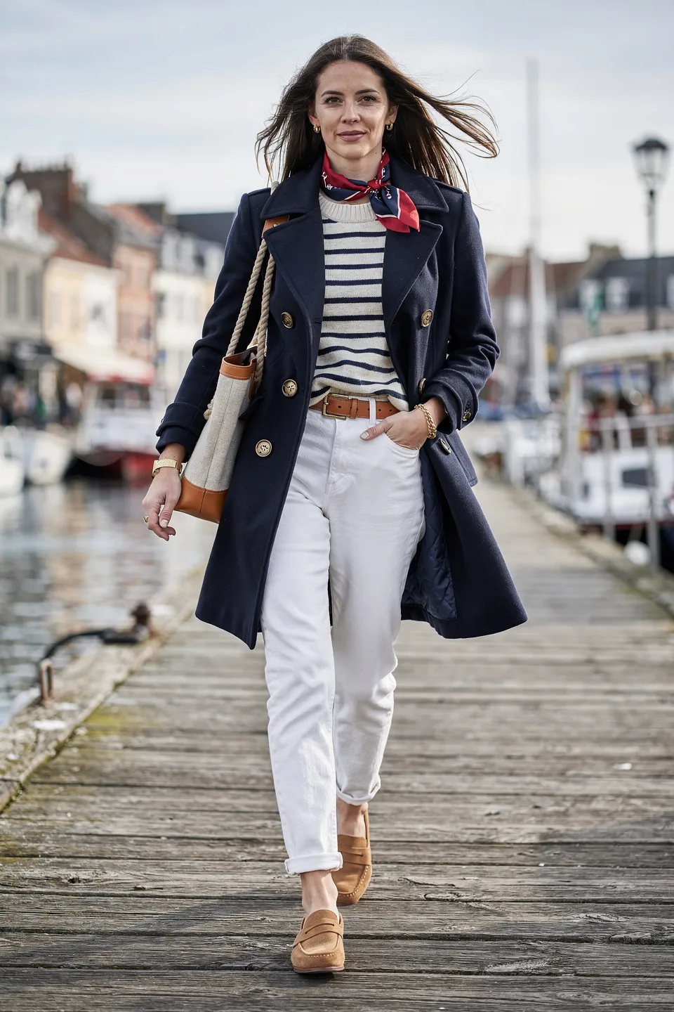 Navy Peacoat and Striped Sweater Look
