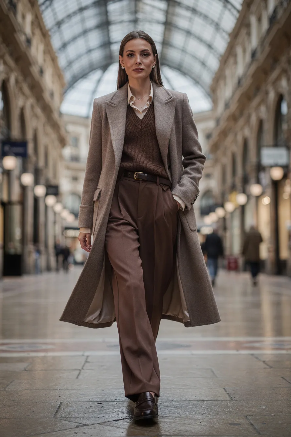  Taupe Coat and Chocolate Trousers Look
