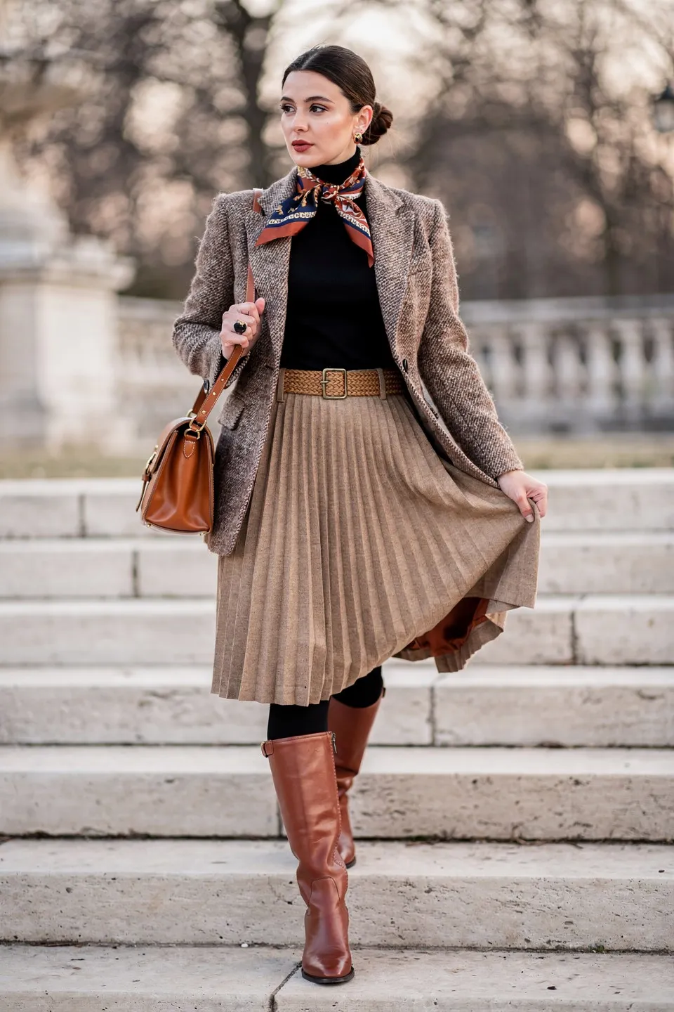 Tweed Blazer and Pleated Skirt Look