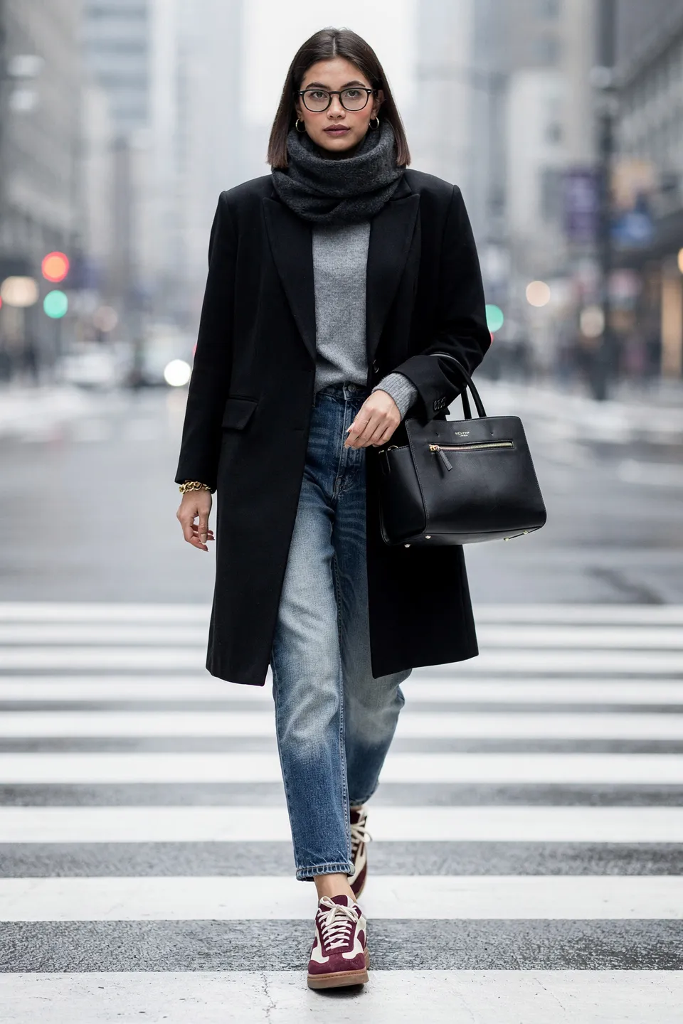Black Wool Coat with Grey Sweater, Straight Jeans and Burgundy Sneakers Black Wool Coat with Grey Sweater, Straight Jeans and Burgundy Sneakers