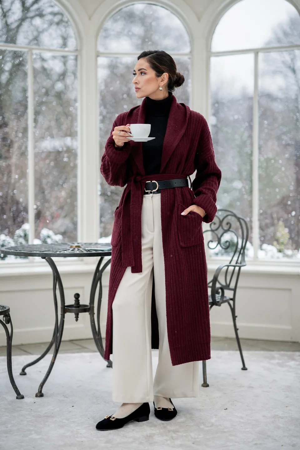 Burgundy Knit Robe Coat and Cream Trousers Look