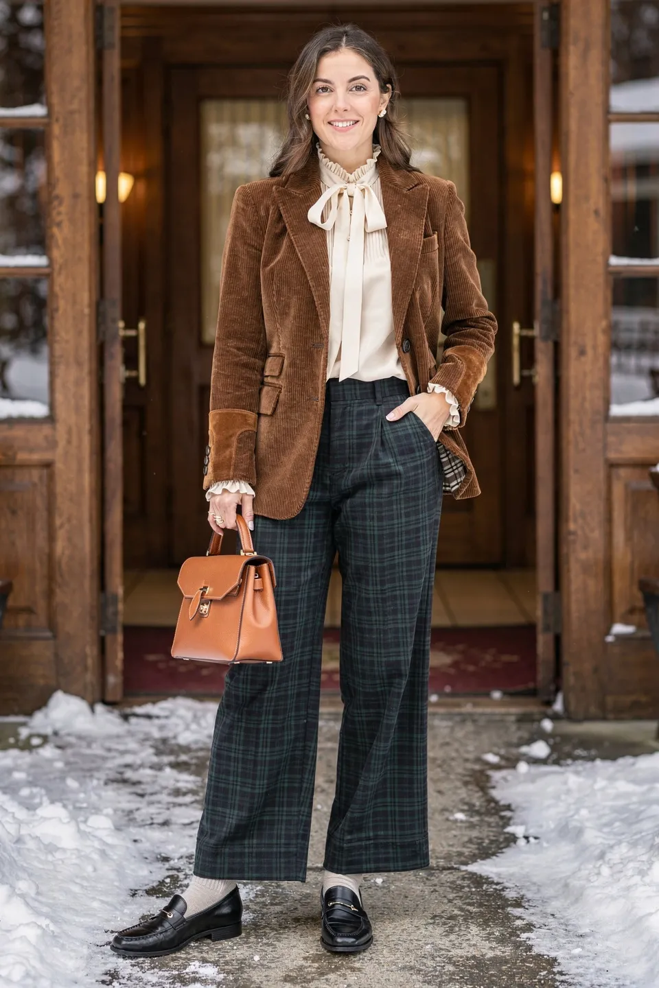 Corduroy Blazer and Plaid Trousers Look