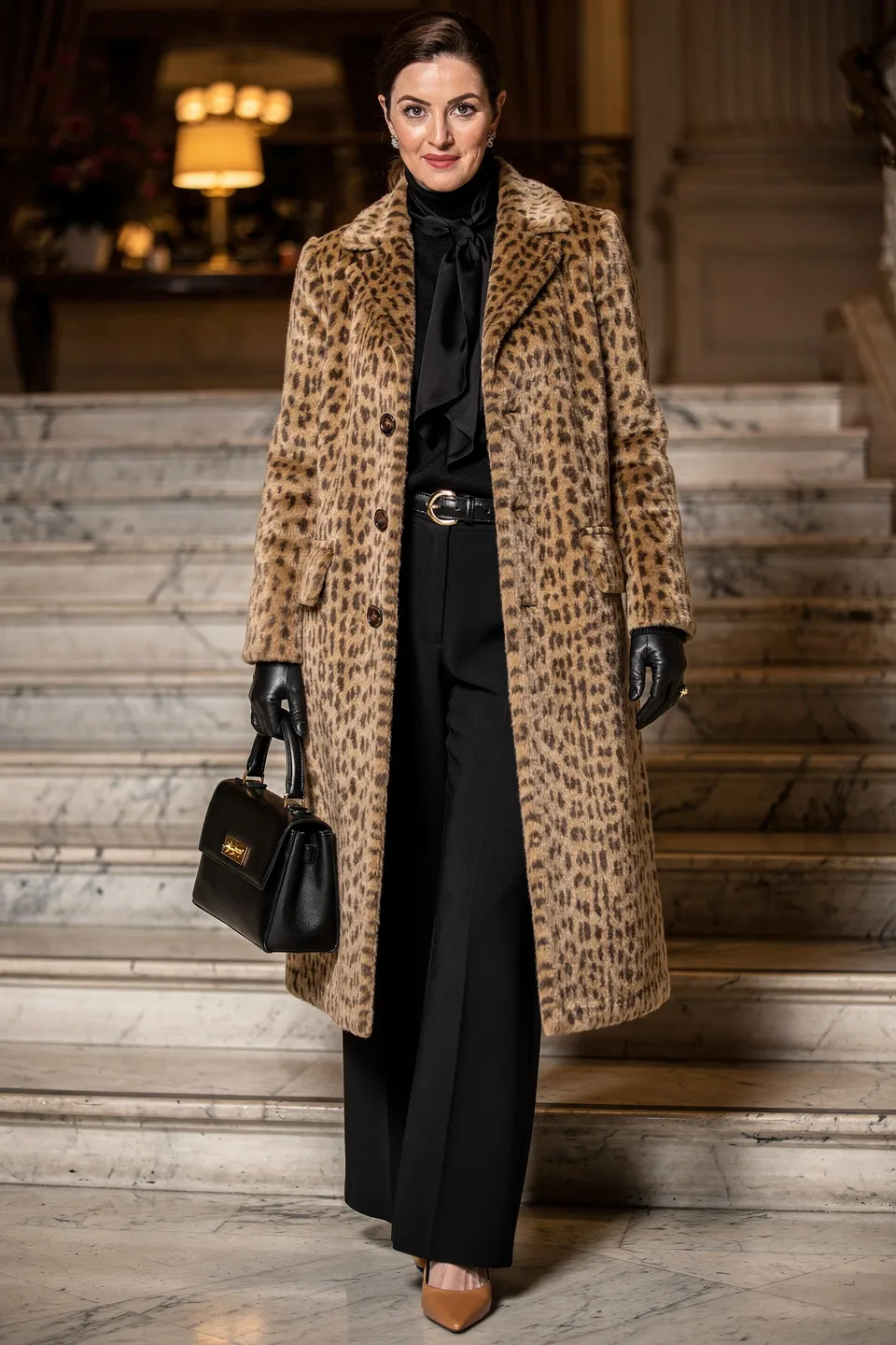 Leopard Print Coat and Black Trousers Look