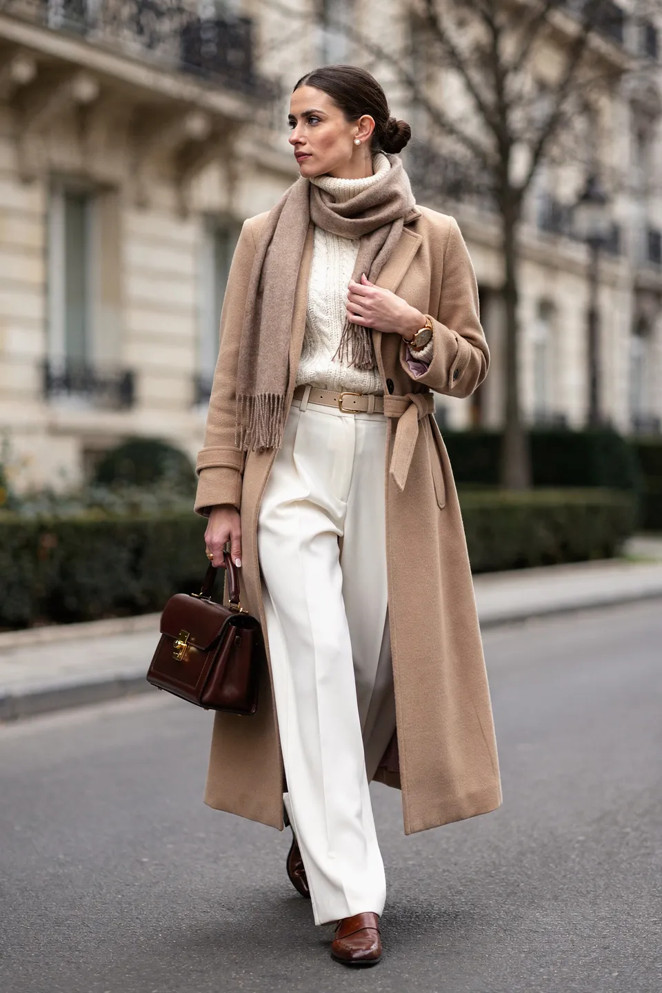 Camel Wrap Coat and Cream Trousers Look