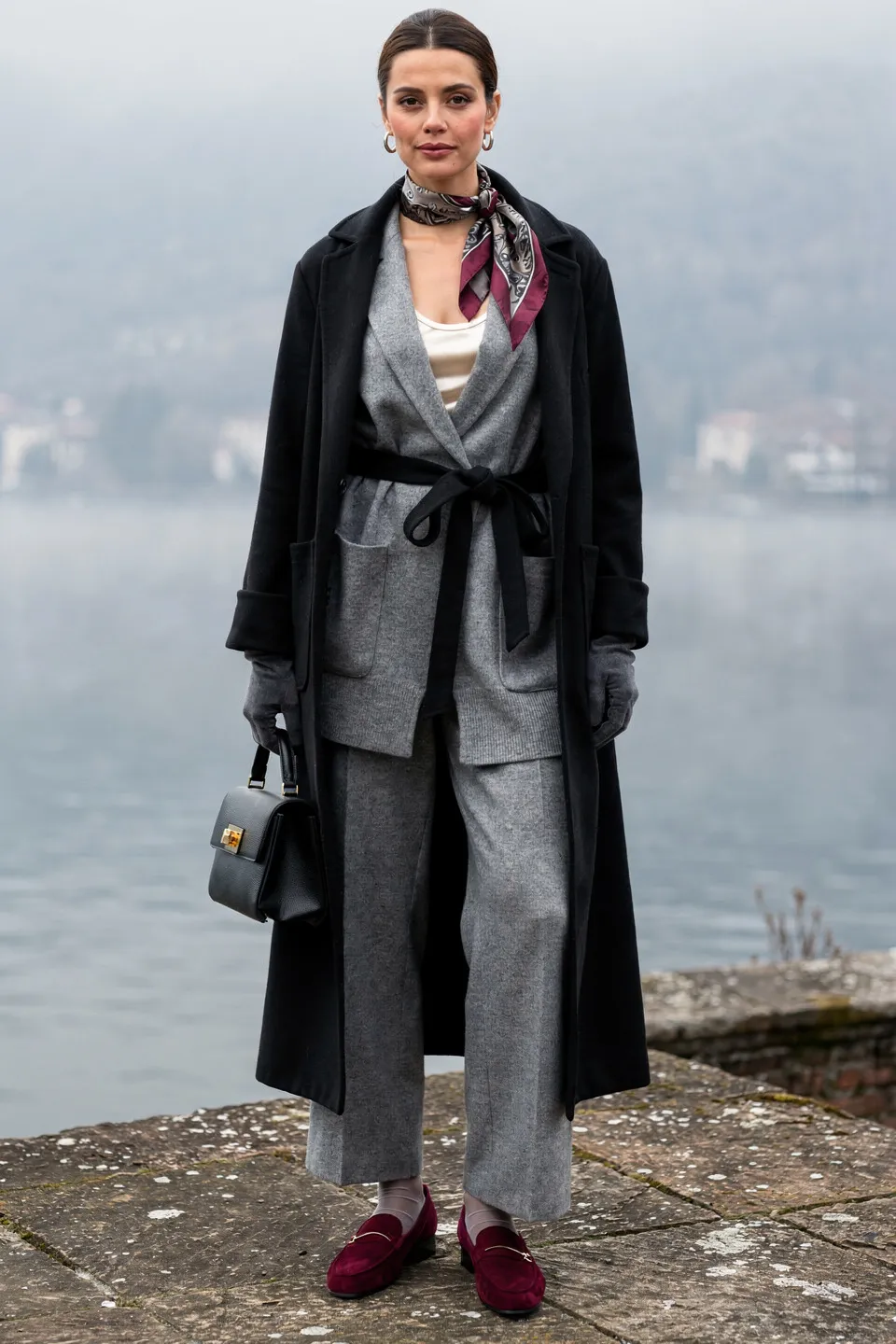 Gray Knit Set and Black Coat Look
