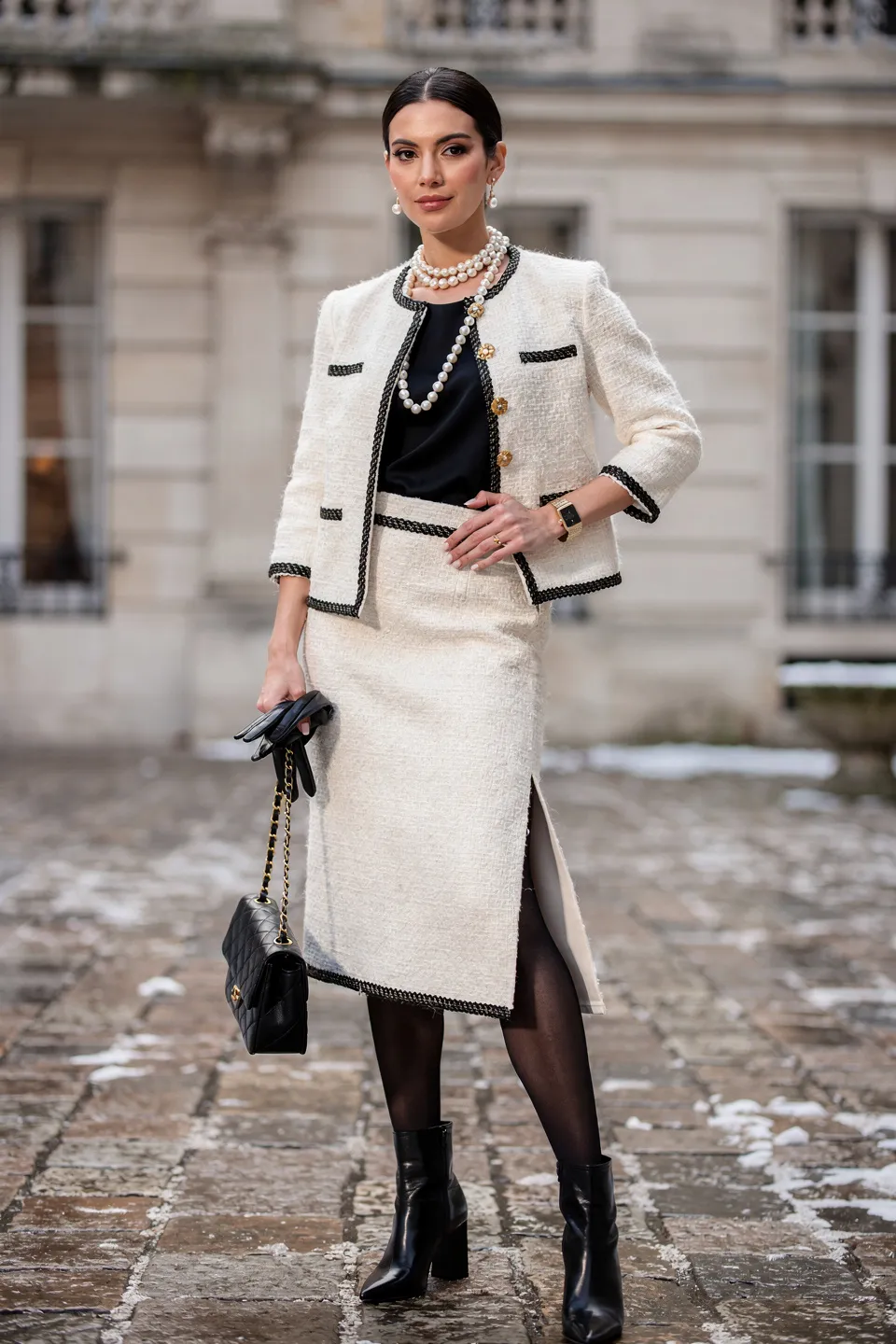 Cream Tweed Skirt Suit Look