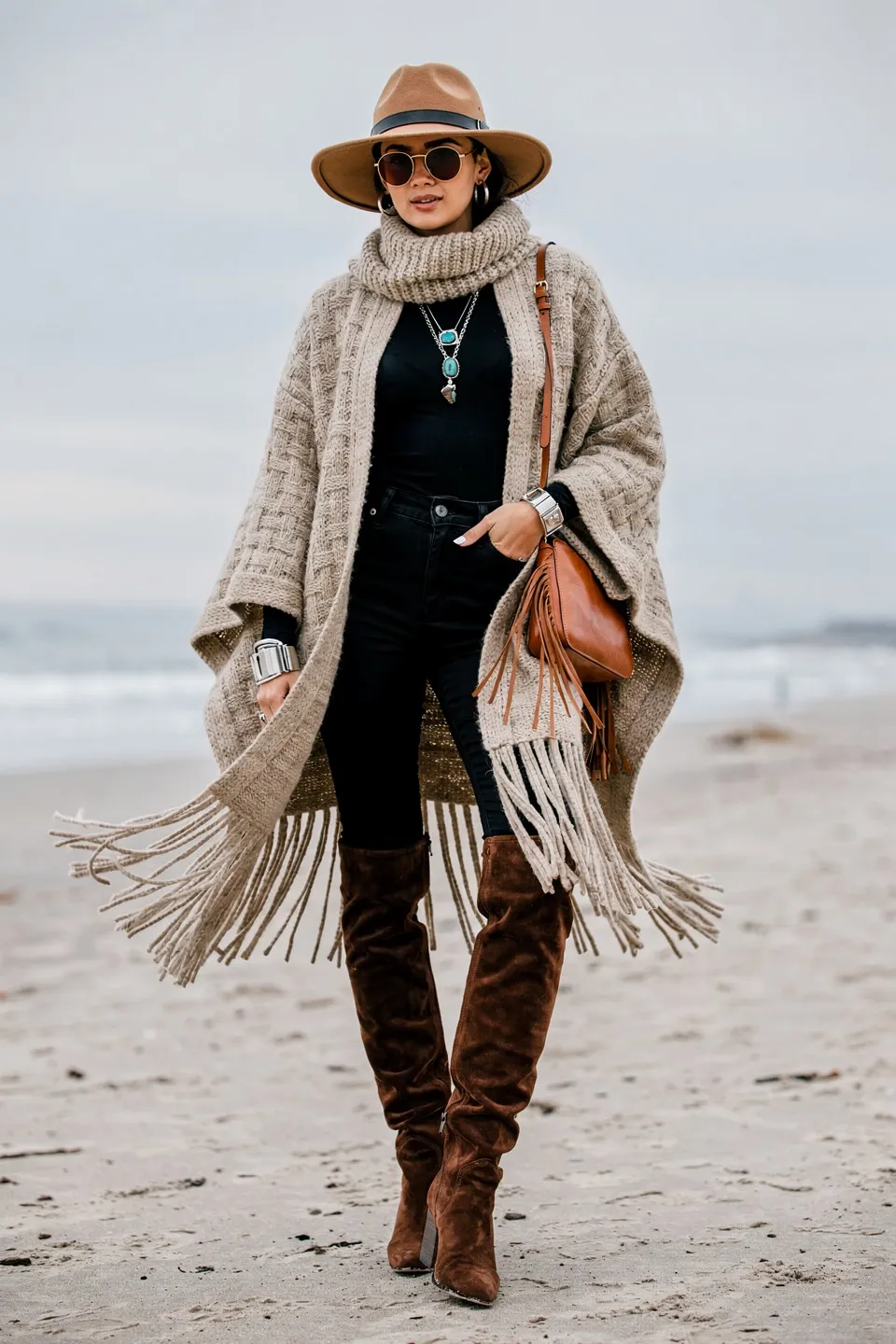 Beige Fringe Poncho Cardigan with Black Skinny Jeans and Suede Boots Beige Fringe Poncho Cardigan with Black Skinny Jeans and Suede Boots