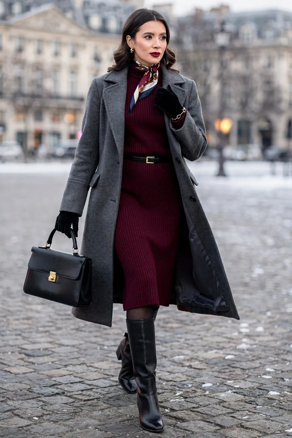 Burgundy Knit Dress and Gray Coat Look