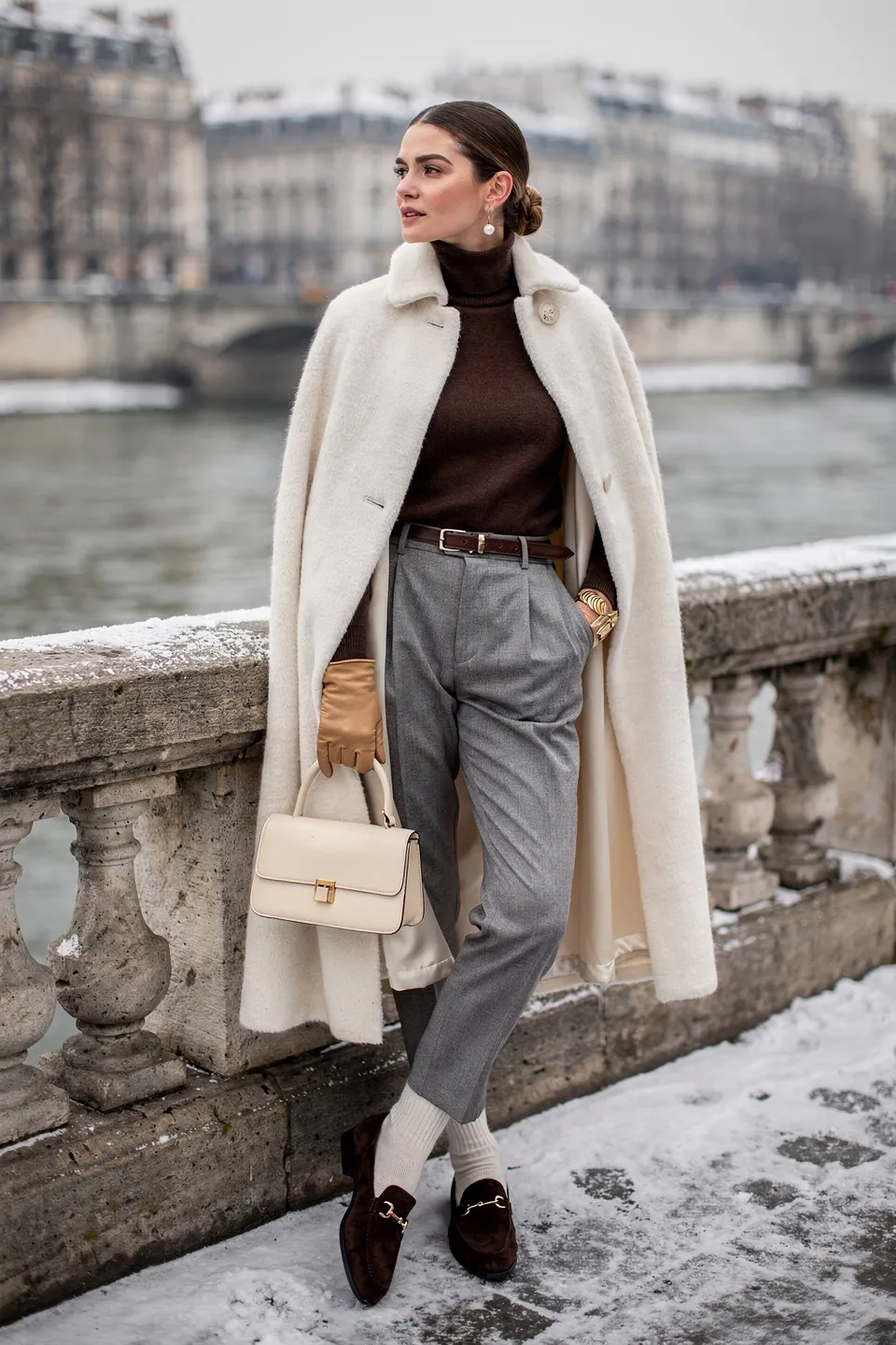 Cream Cape Coat and Brown Turtleneck Look