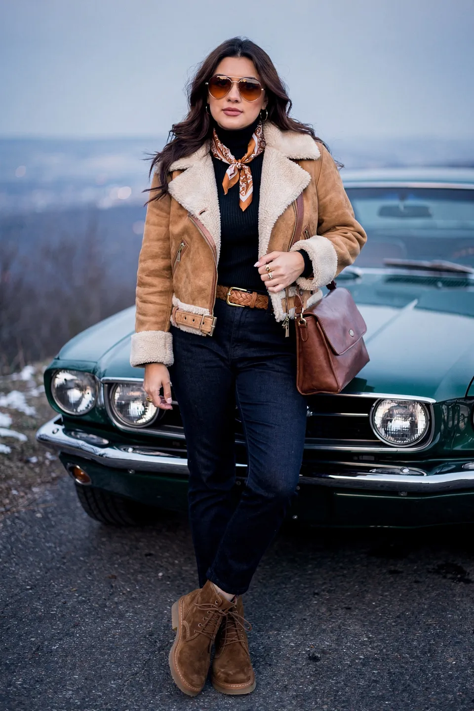 Tan Shearling Moto Jacket with Dark Jeans and Suede Lace Up Boots Tan Shearling Moto Jacket with Dark Jeans and Suede Lace Up Boots