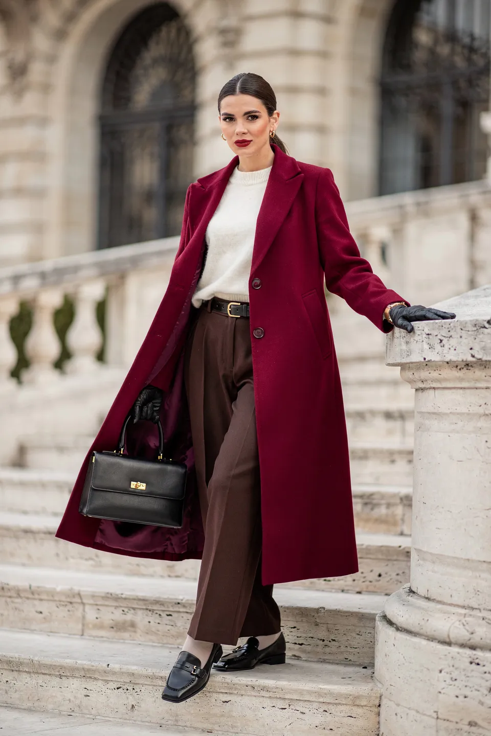 Burgundy Long Coat and Brown Trousers Look