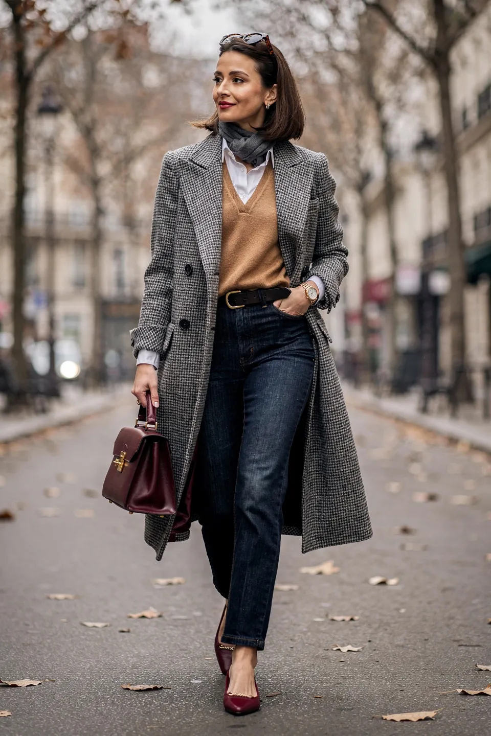 Houndstooth Coat and Dark Denim Look