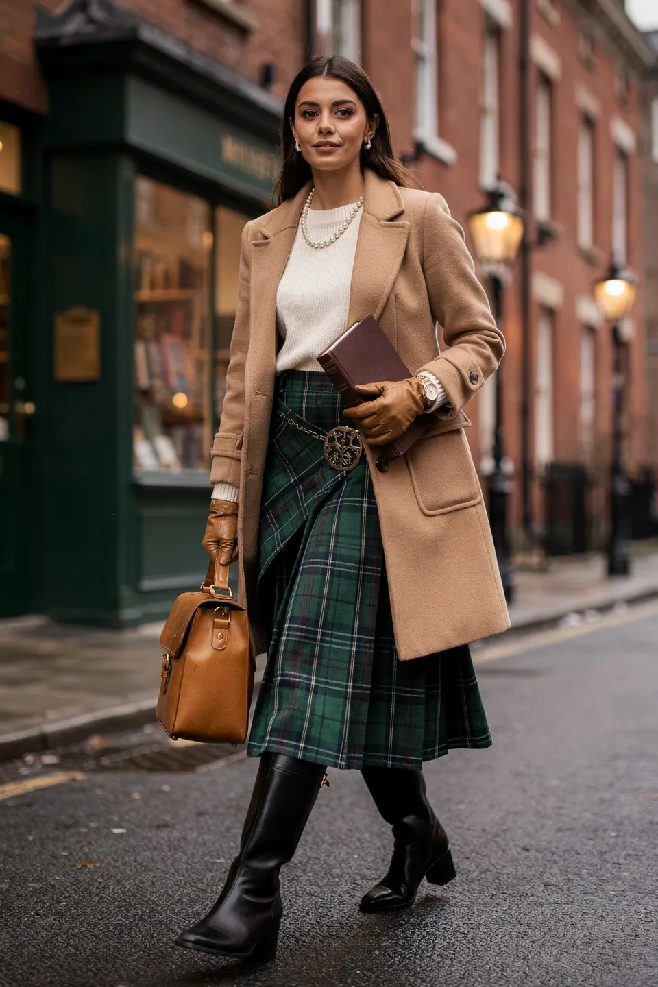 Camel Coat and Green Plaid Skirt Look