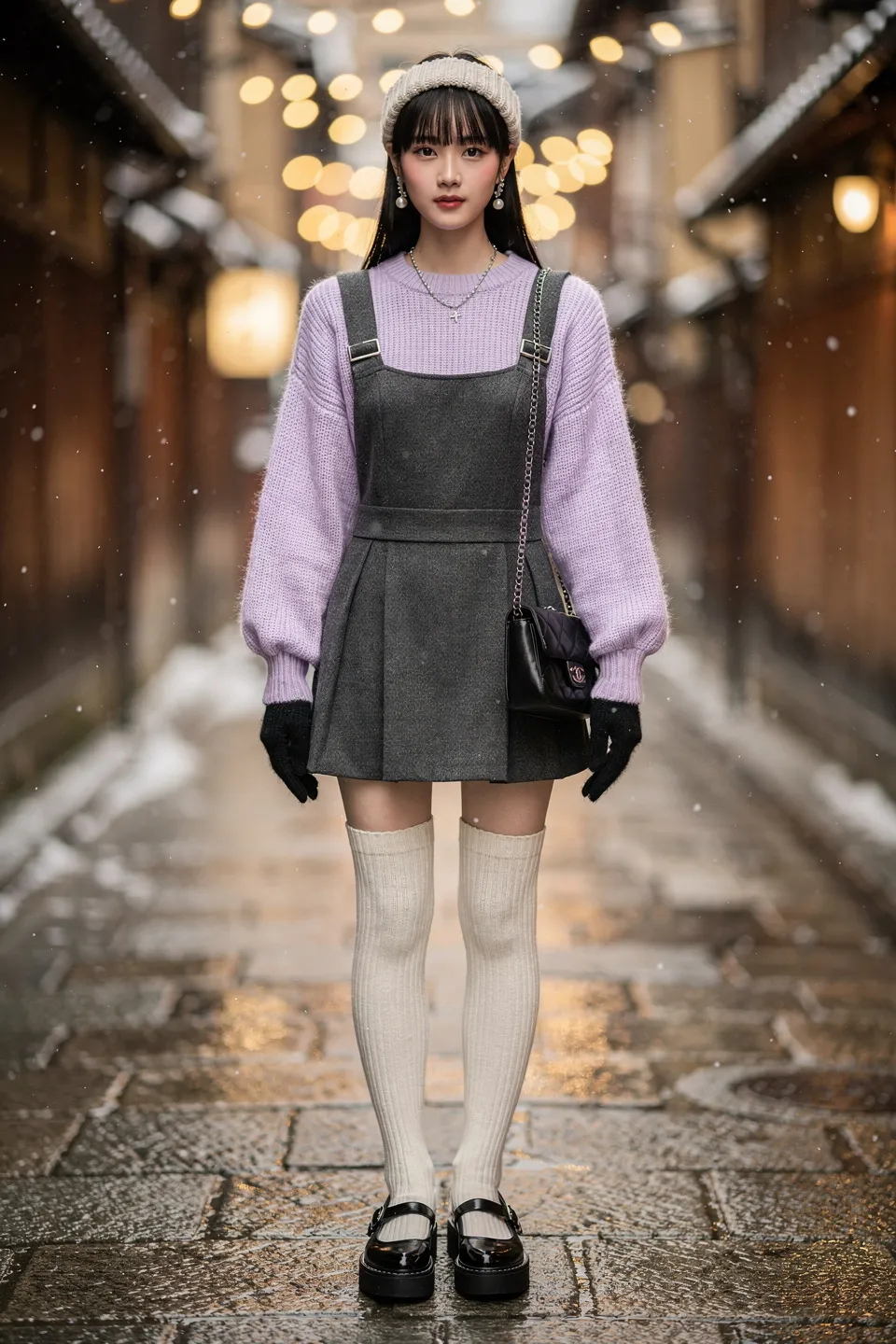 Lavender Sweater with Grey Pinafore Dress and Cream Knee Socks Lavender Sweater with Grey Pinafore Dress and Cream Knee Socks
