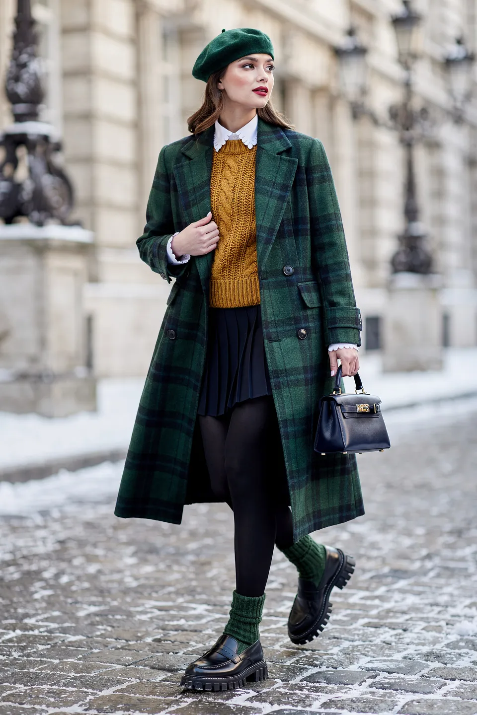 Green Plaid Wool Coat with Mustard Cable Knit and Beret