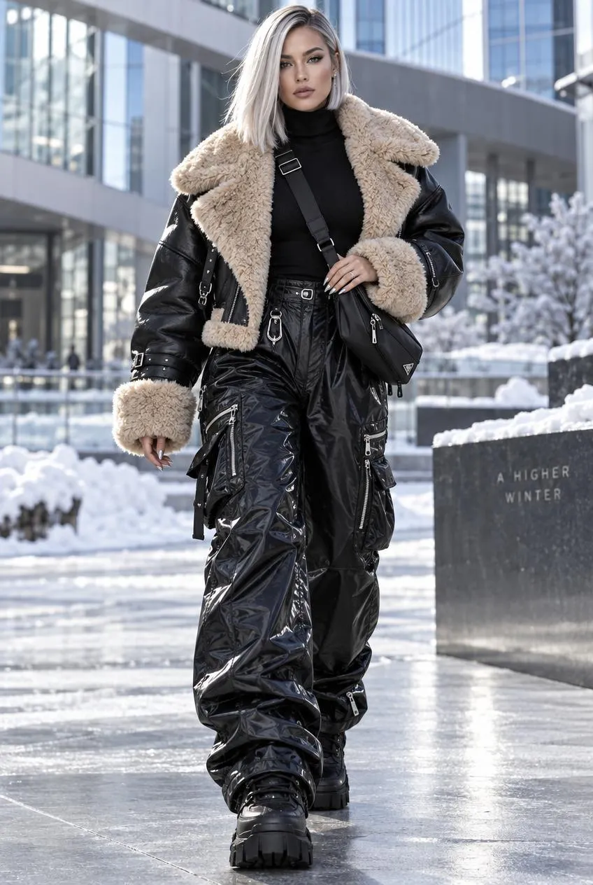 Shearling Moto Jacket and Cargo Pants Look