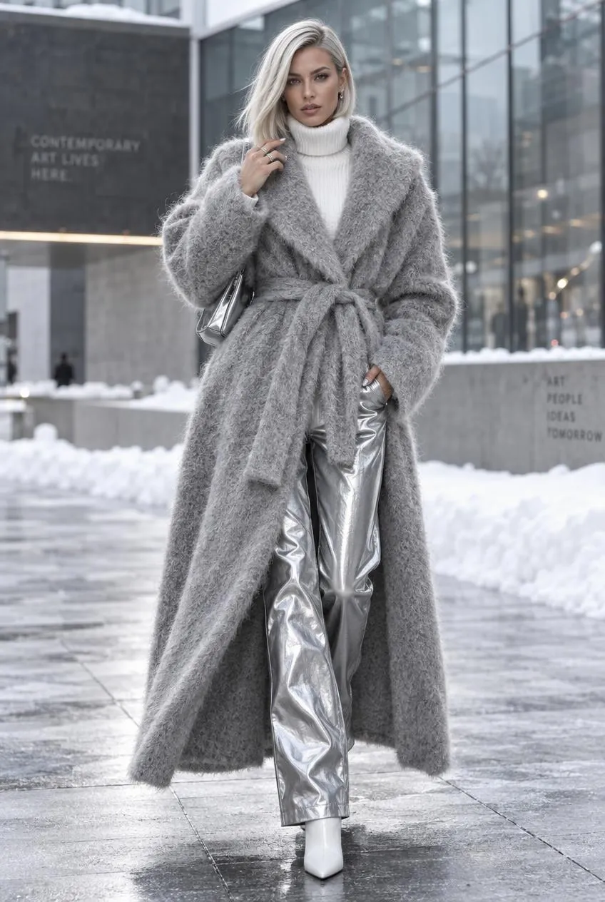 Fuzzy Gray Wrap Coat and Metallic Pants Look